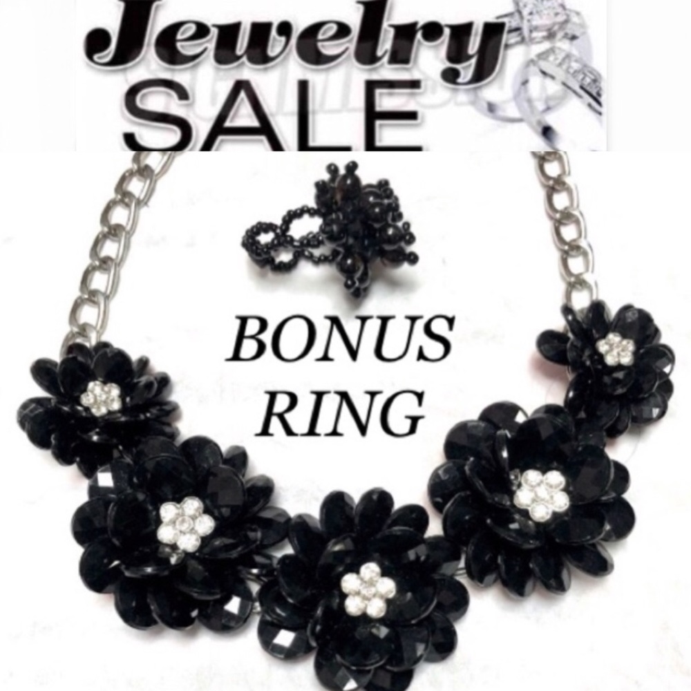NECKLACE BLACK FLORAL crystal w/rhinestone center & matching handmade ring  NWOT